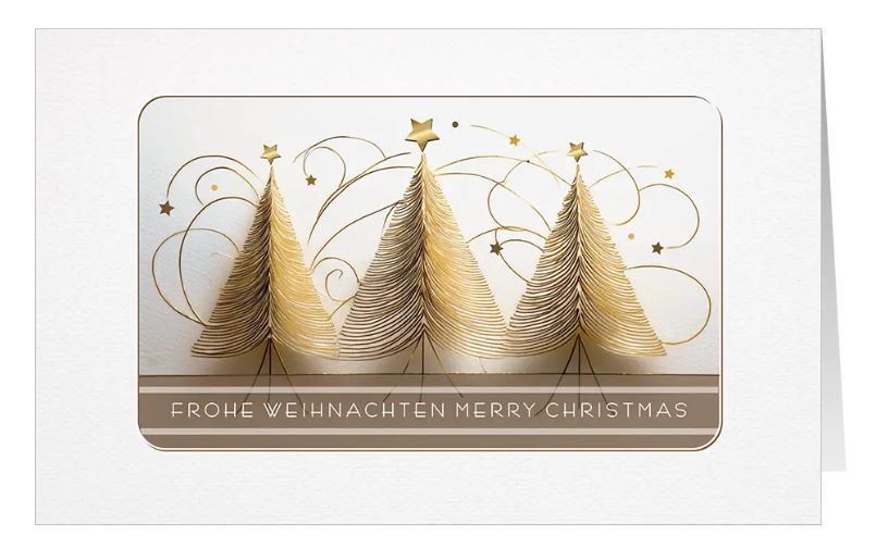 Festliche Spendenkarte "Pure Eleganz" mit deutsch-englischem Weihnachtsgruß und gutem Zweck: Ärzte ohne Grenzen