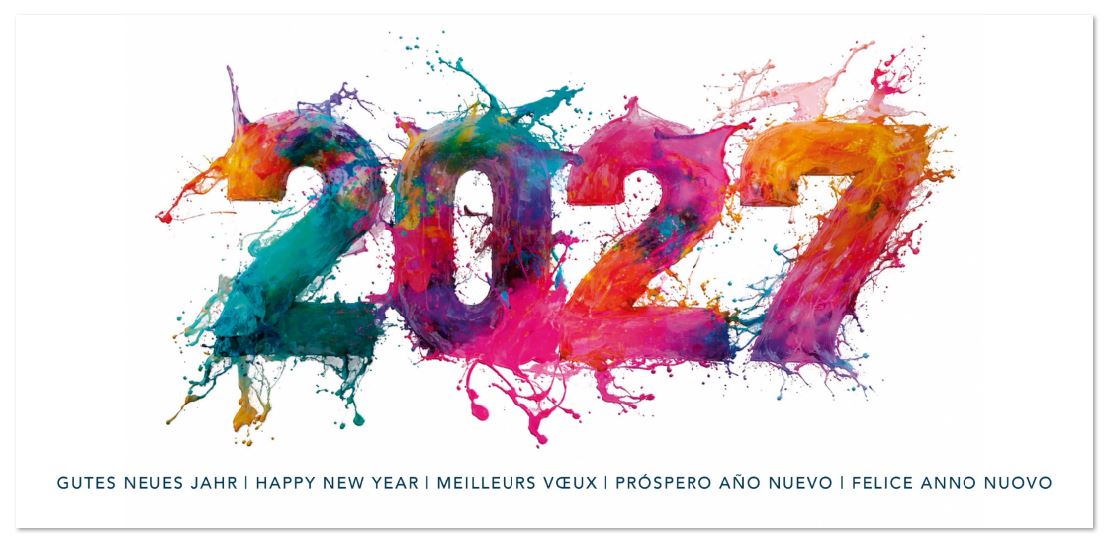 Moderne Neujahrskarte "Explosiver Neuanfang" mit Jahreszahl 2027 aus bunten Farbspritzern und internationalen Grüßen