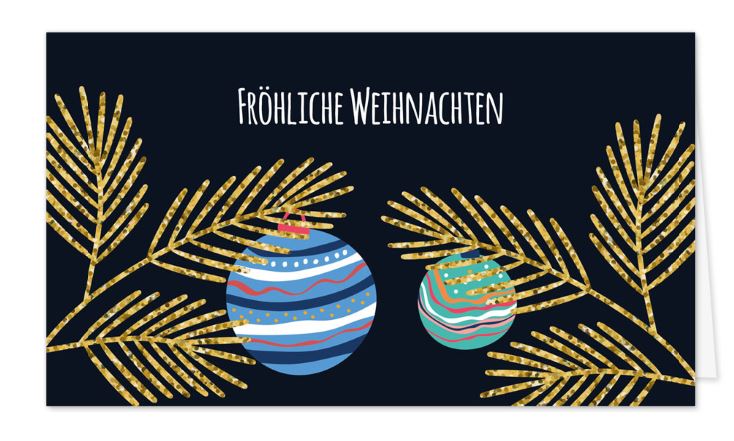 Moderne Kompakt-Weihnachtskarte „Goldene Tannenzweige“ in Schwarz mit farbenfroh gemusterten Christbaumkugeln