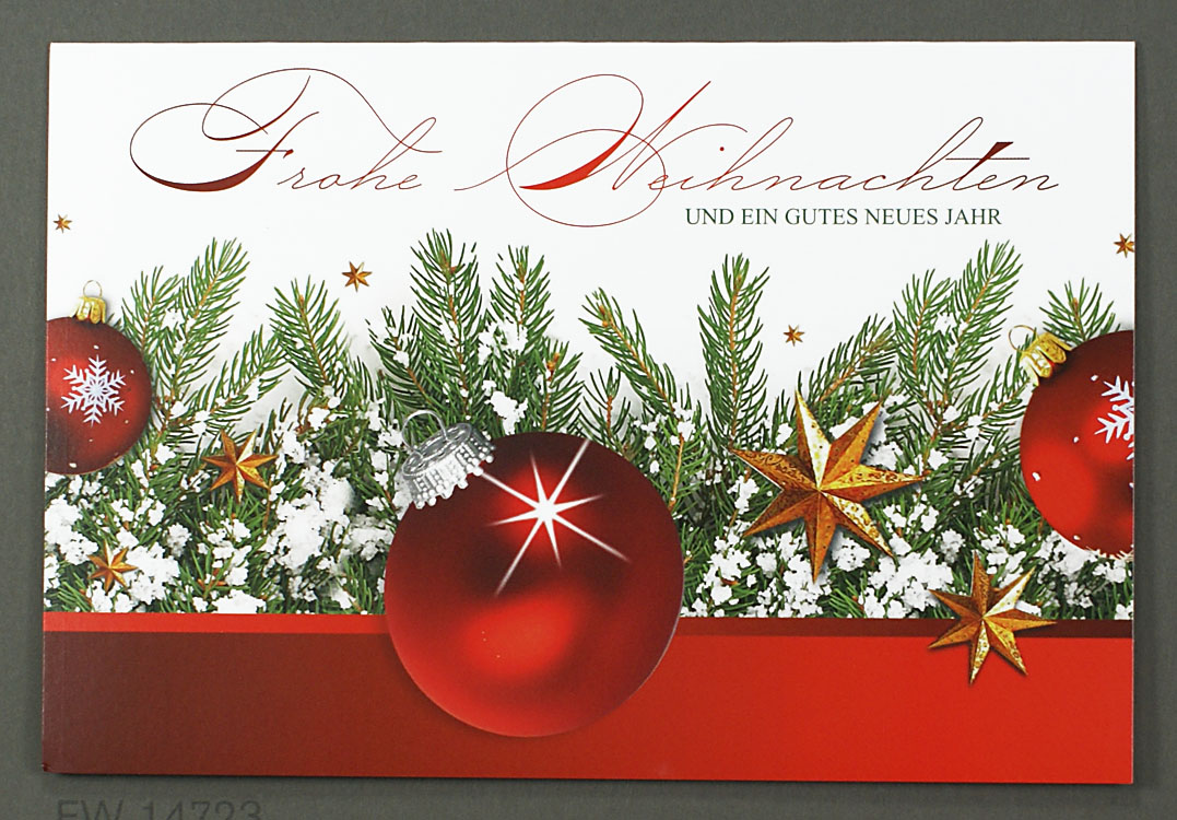 Weihnachtskarte mit Weihnachtskugeln, Sternen und Tannenwedel