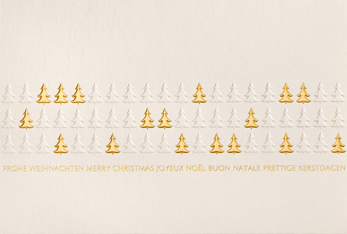 Weihnachtskarte creme gold mit Weihnachtsbäumen intern. Wünsche