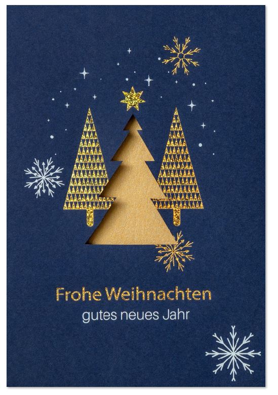 Stanz-Weihnachtskarte blau mit Weiß- und Goldfolienprägung, Motiv: Weihnachtsbäume, Eiskristalle und Gruß, Einleger gold