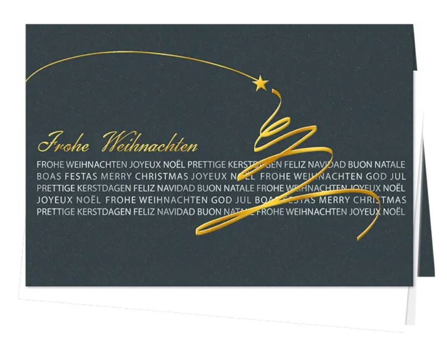 Moderne Weihnachtskarte "Highlight" mit internationalen Grüßen in Gold- und Silberprägung, inkl. Einlegeblatt weiß