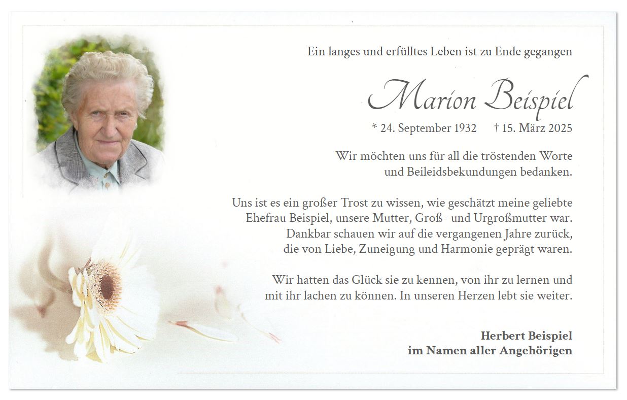 Trauer-Danksagungskarte in cremeweiß mit weißer Gerbera-Blüte und hellem Trauerrand