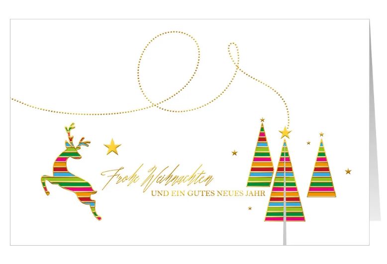 Weihnachtskarte "Christmas Wishes" mit goldener Folienprägung, springendem, bunten Hirsch und Tannenbäumen