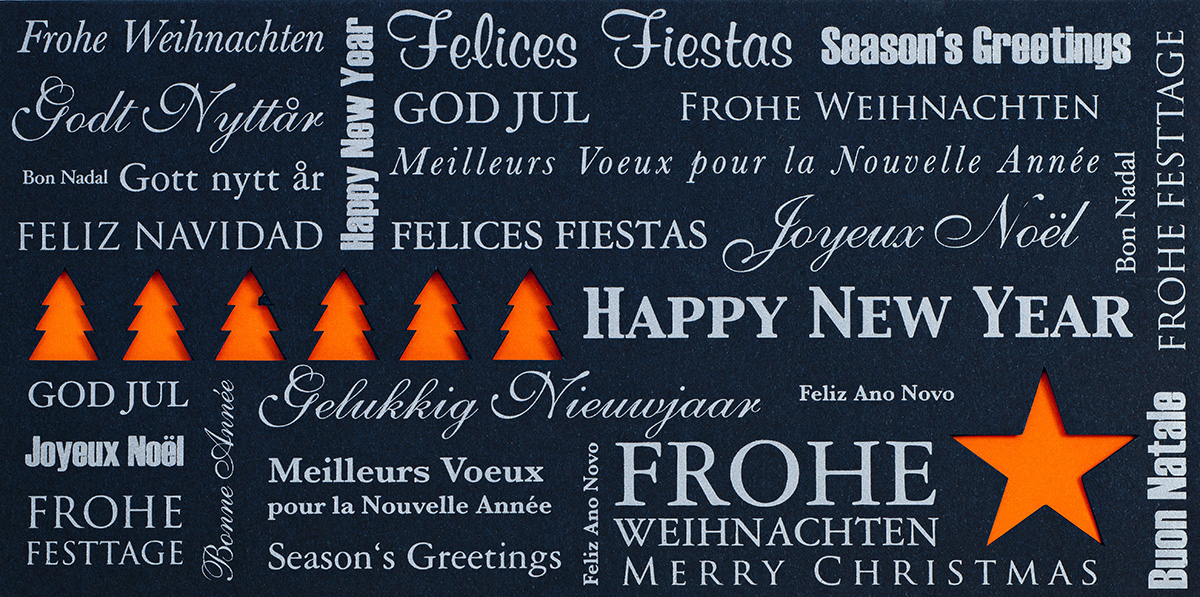 Weihnachtskarte nachtblau mit internation. Text Einleger orange