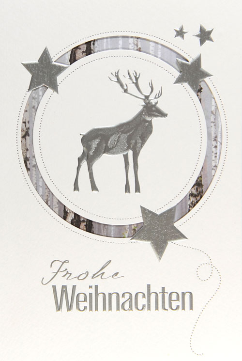 Cremefarbene Charity-Weihnachtskarte mit Sternen, Rentier und Birkenwald