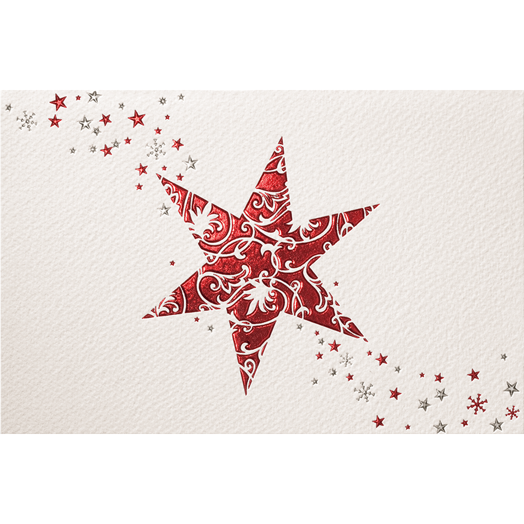 Weihnachtskarte zum Vorteilspreis aus cremeweißem Aquarellkarton mit Sternen in rot-silberner Prägung