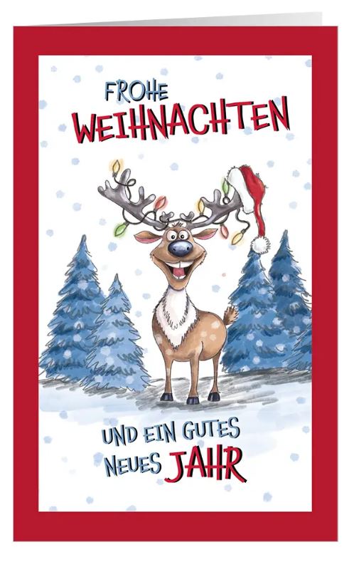 Originelle Weihnachtskarte "Rentier-Party" mit Weihnachtsgruß und geschmücktem Rentier im Winter