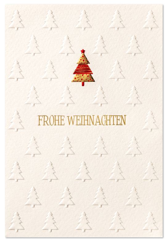 Weiße Weihnachtskarte mit fühlbarer Blindprägung und elegantem Foliendruck in Gold und Rot
