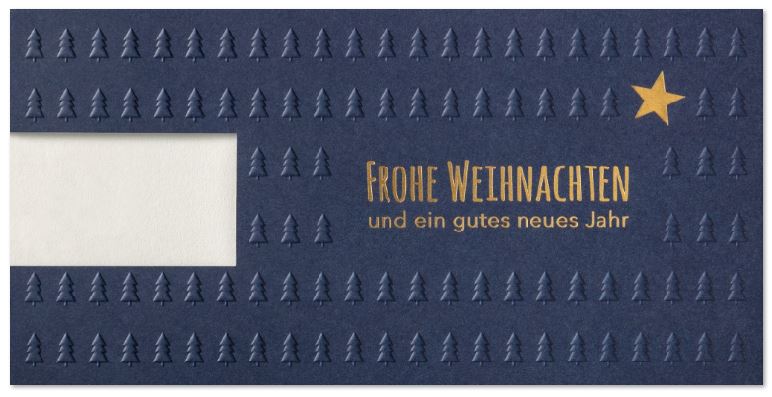 Blaue Logo-Weihnachtskarte "Eleganz in blau" mit 1-fachem Einlegeblatt, Blind- und Goldfolienprägung, DIN lang