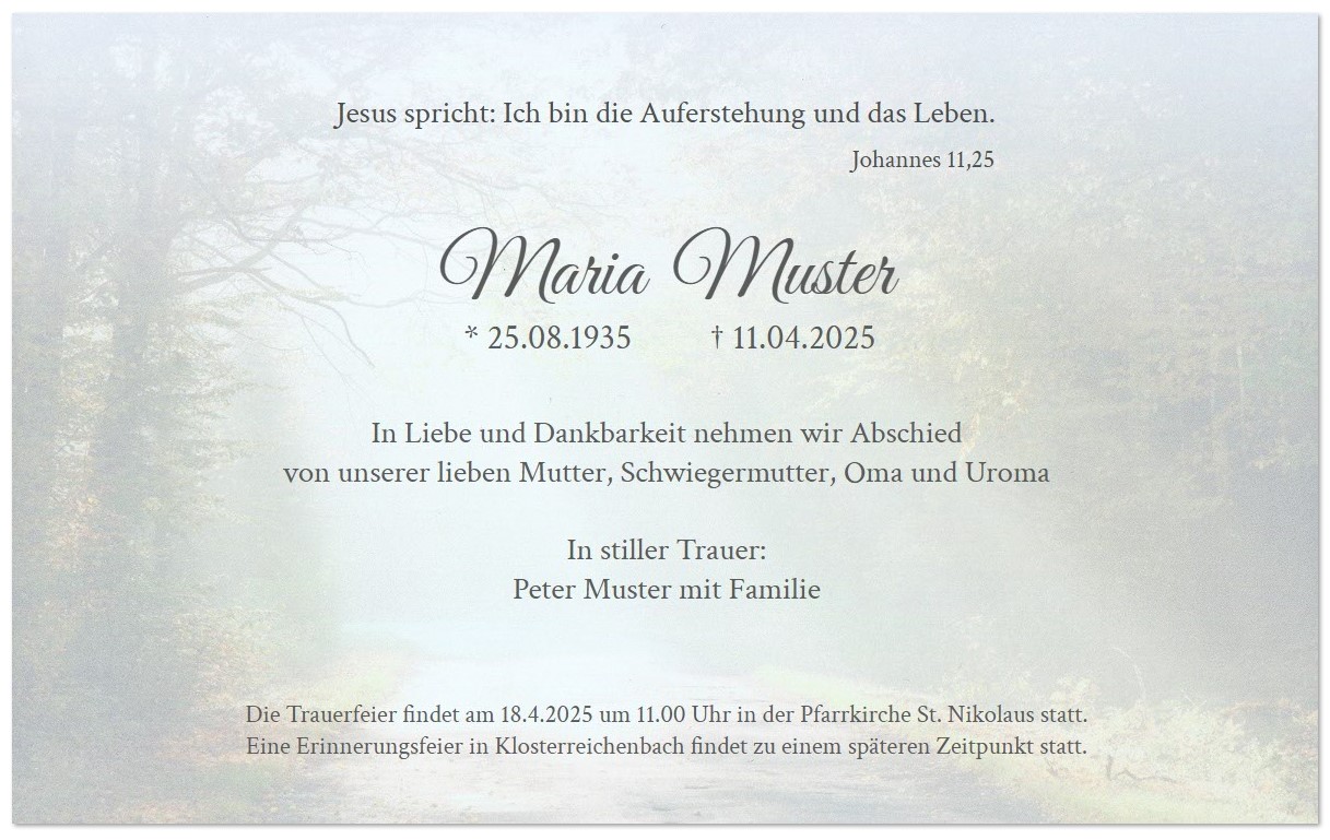 Trauerkarte mit lichtdurchflutetem Waldweg im Herbst als Hintergrund