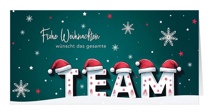 Lustige Firmenweihnachtskarte "Zusammenarbeit" mit Teamgruß und roten Weihnachtsmützen, DIN lang