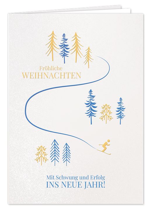 Spendenkarte „Mit Schwung ins neue Jahr“ mit Skifahrer-Motiv und Gutem Zweck: Kinder-Krebs-Stiftung