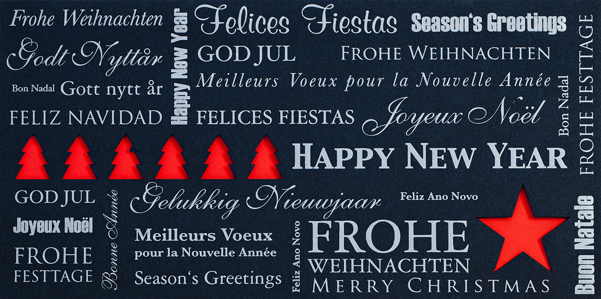 Weihnachtskarte nachtblau mit internationalem Text Einleger rot