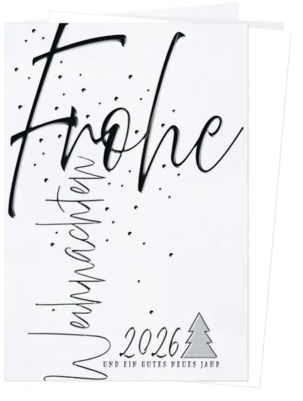 Moderne Weihnachtskarte "Black & White" mit Weihnachtsgruß und Jahreszahl 2026 im Foliendruck