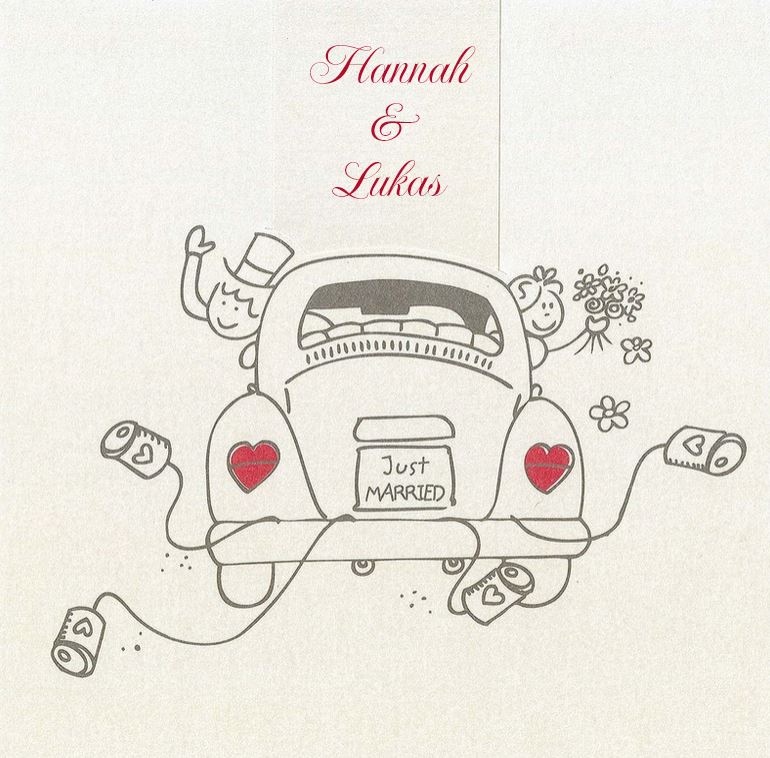 Originelle Hochzeitskarte in perlmutt mit fröhlichem Brautpaar im Oldtimer und Schriftzug "Just Married" 