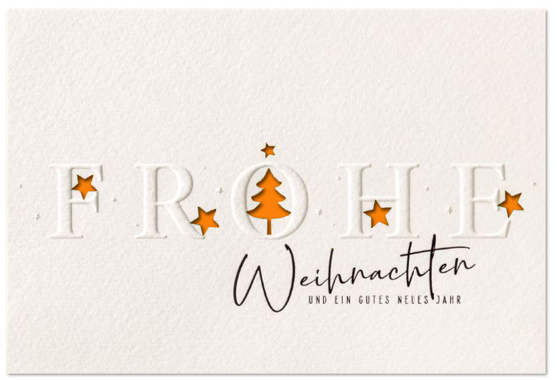 Weihnachtsgrußkarte weiß mit lasergestanzten Sternen, Tannenbaum und Einleger in orange