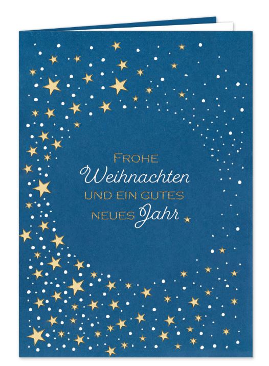 Blaue Weihnachtskarte „Sternenwirbel“ mit glanzvoller Gold- und Silberprägung, inkl. Einlegeblatt