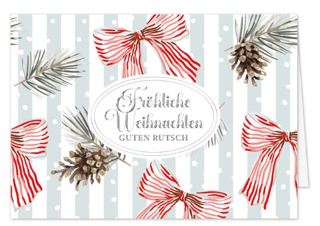 Traditionelle Weihnachtskarte mit rot-weißen Schleifen, Zweigen und Zapfen zugunsten: Kinder-Krebs-Stiftung