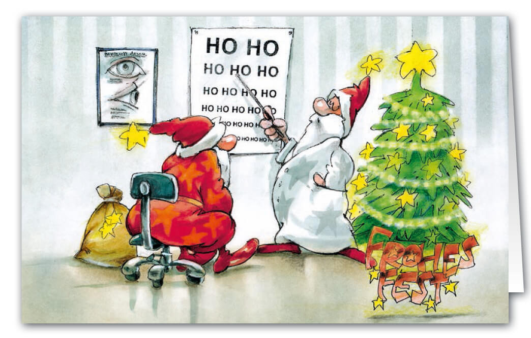Weihnachtskarte als Branchenkarte mit lustigem Motivdruck für Augenarzt und Optiker