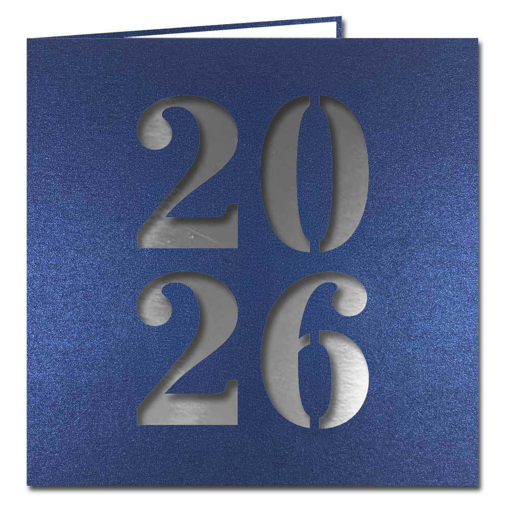 Neujahrskarte dunkelblau Metallic mit Laserstanzung 2026 und silbernem Einlegeblatt