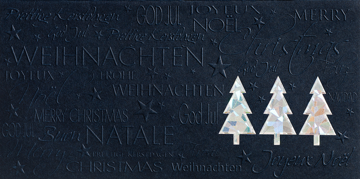 Weihnachtskarte nachtblau mit Holographie-Effekt Weihnachtsbäume