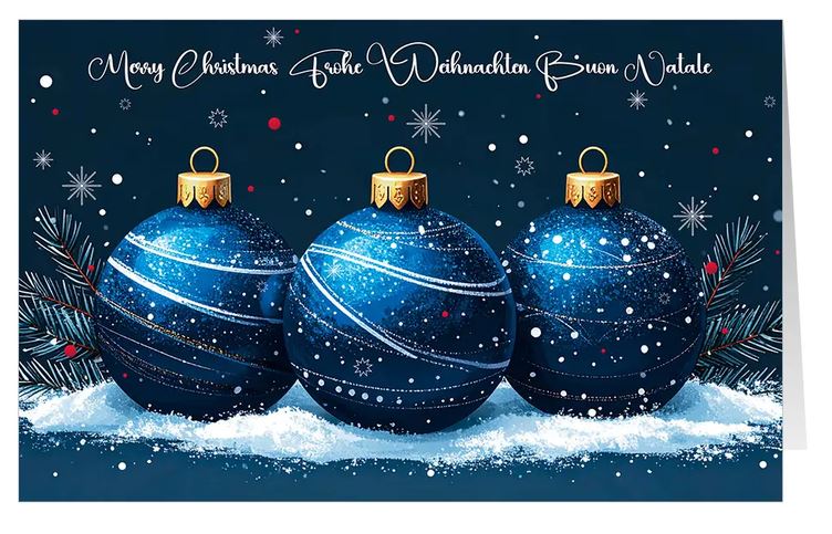 Internationale Weihnachtskarte "Festtagstraum" mit blauen Weihnachtskugeln im Schnee 