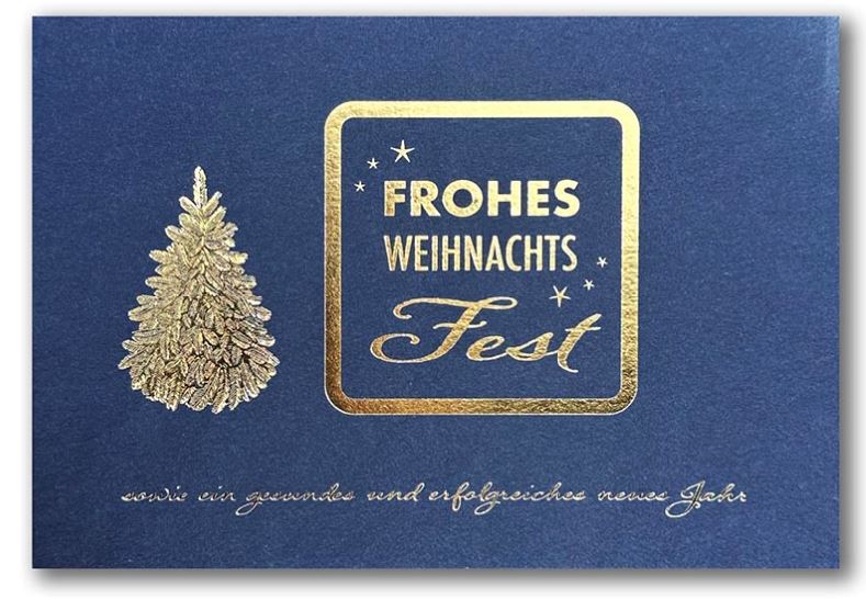 Firmenweihnachtskarte in Blau mit Goldfolienprägung von Weihnachtsgruß und Baum, inkl. Falteinlegeblatt innen
