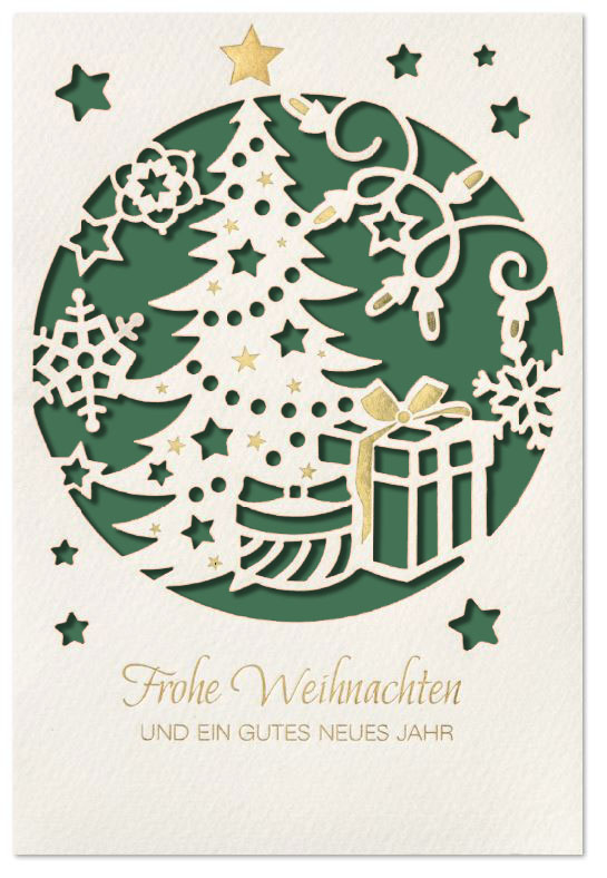 Festliche Weihnachtskarte mit Goldfoliendruck und Laserstanzung, Einleger dunkelgrün