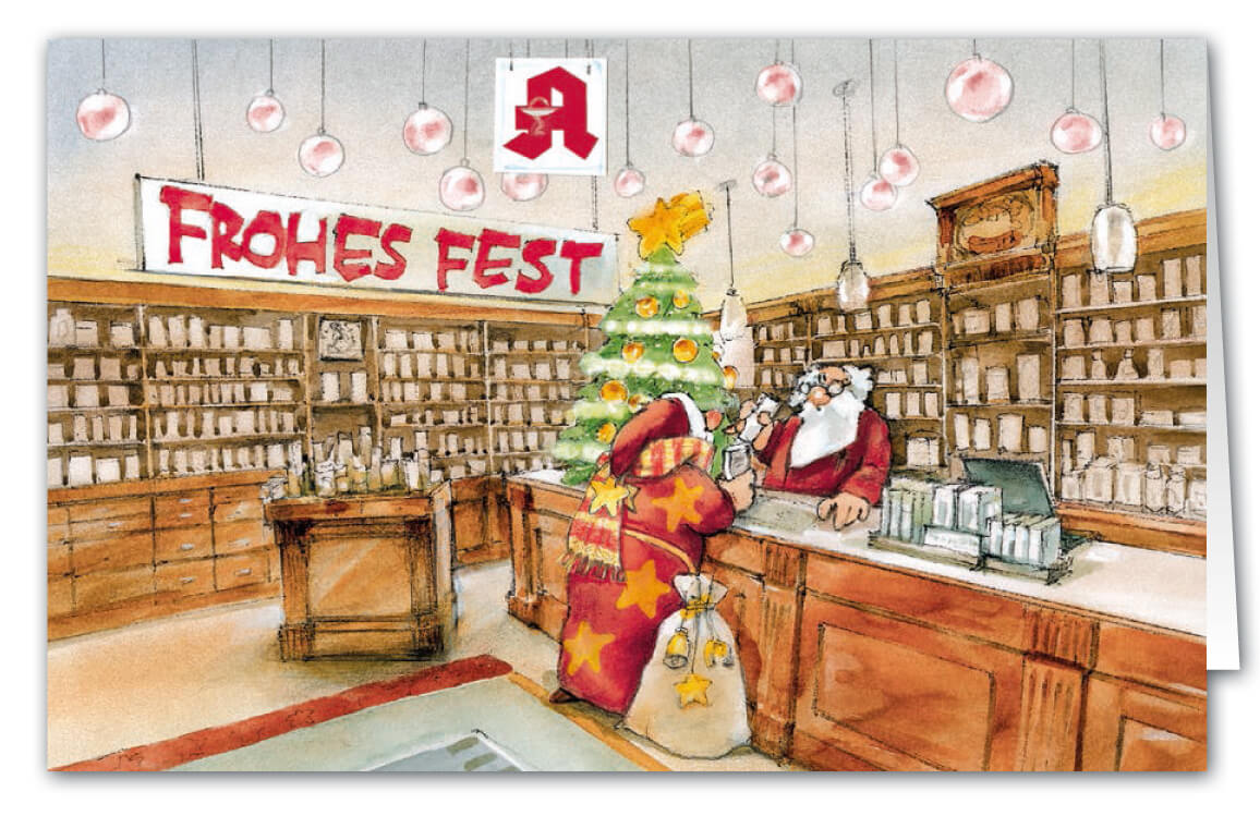 Weihnachtskarte für Apotheken mit lustigem Motivdruck und weihnachtlichem Gruß