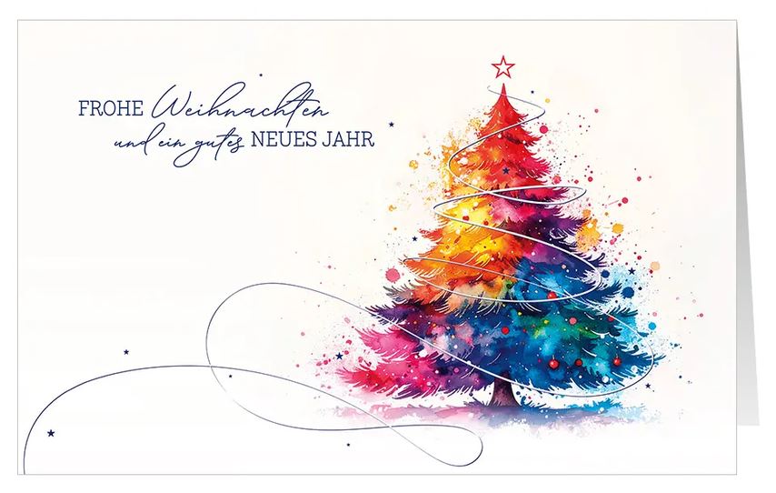 Farbenprächtige Weihnachtskarte "Lebensfreude" mit Tannenbaum in Regenbogenfarben und Gruß