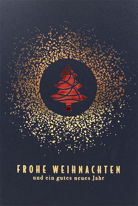 Exclusive Weihnachtskarte in blau mit Laserstanzung und Goldfolienprägung, Einleger rot