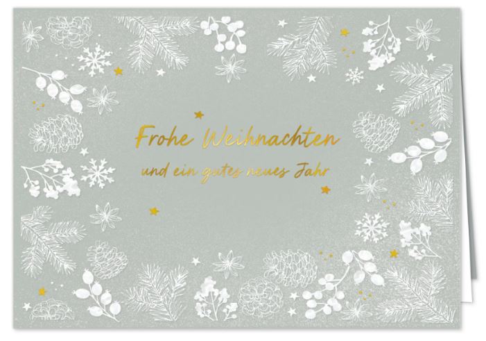 Festliche Weihnachtskarte in silber-metallic mit floralem Druck und goldgeprägtem Weihnachtsgruß, inkl. Einleger