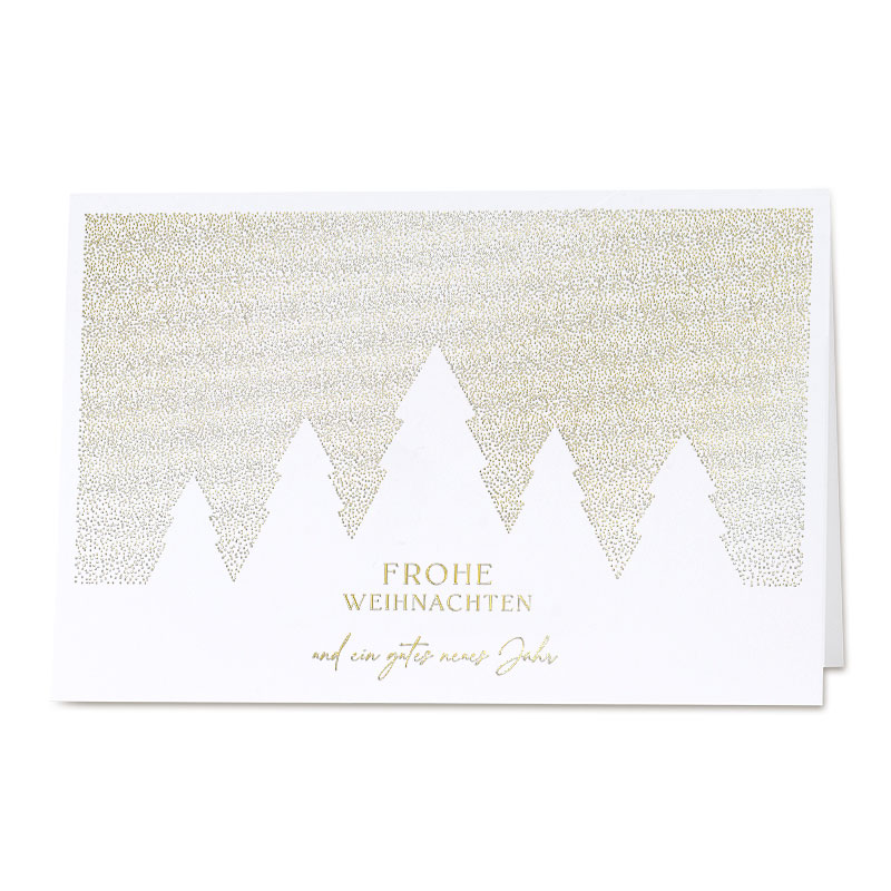 Elegante Weihnachtskarte in weiß mit edler Goldfolienprägung, Motiv: Weihnachtsgruß und Tannenbäume