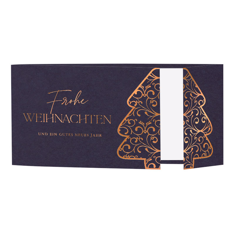 Stilvolle Weihnachtskarte in blau mit Kupferfolienprägung und Altarfalz sowie 1-seitigem Einlegeblatt