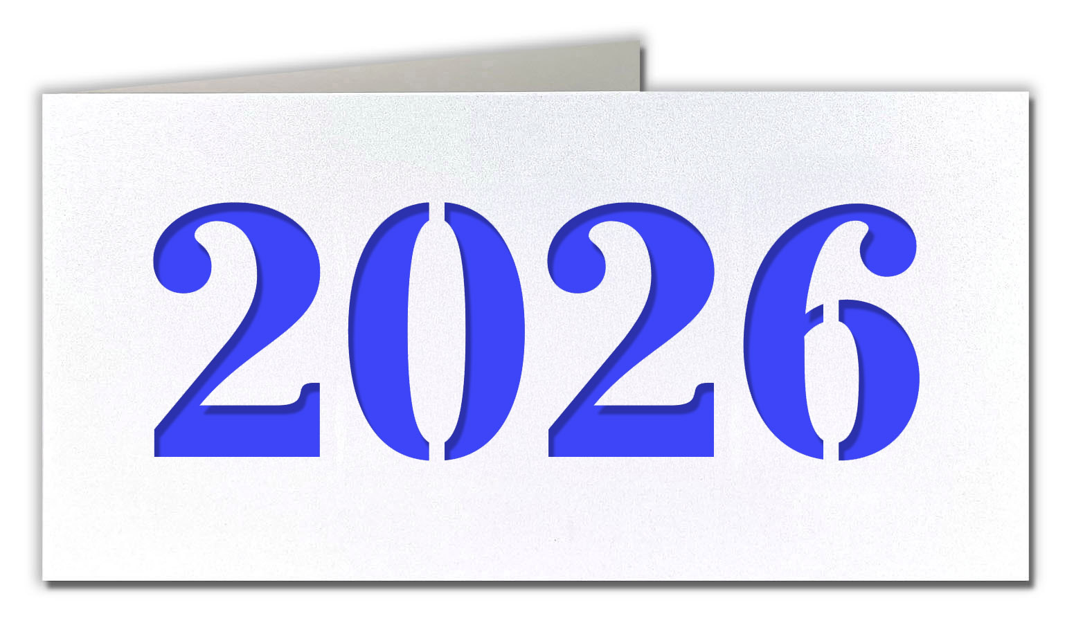 Weiße Neujahrskarte metallic mit Laserstanzung 2026 und blauem Einlegeblatt