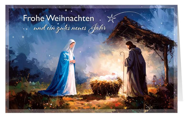 Christliche Weihnachtskarte "Segensreiches Fest" mit der Heiligen Familie an der Krippe in Betlehem