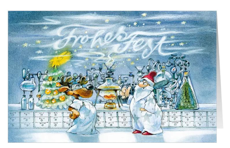Humorvolle Comic-Weihnachtskarte für Chemie, Labor, Forschund und Wissenschaft mit Gruß "Frohes Fest"