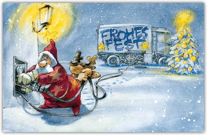 Branchenweihnachtskarte mit fröhlichem buntem Motivdruck für Heizöl-Lieferanten mit Gruß