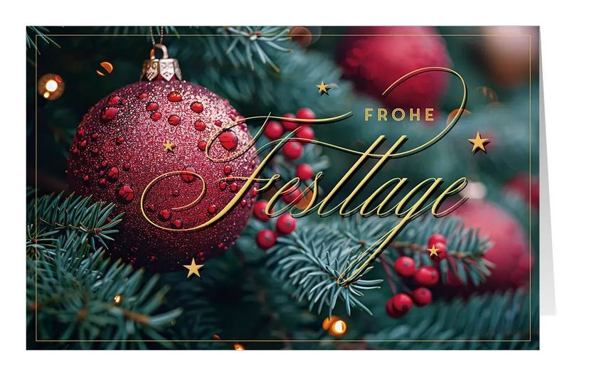 Klassische Weihnachtskarte "Glanzvolles Fest" mit roten Kugeln an Tannenzweigen und goldenem Weihnachtsgruß