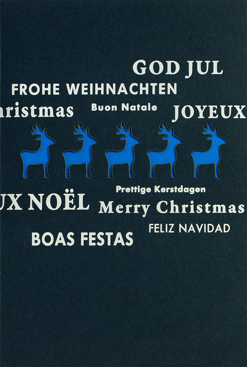 Weihnachtskarte nachtblau mit Rentieren und Wünschen - blau