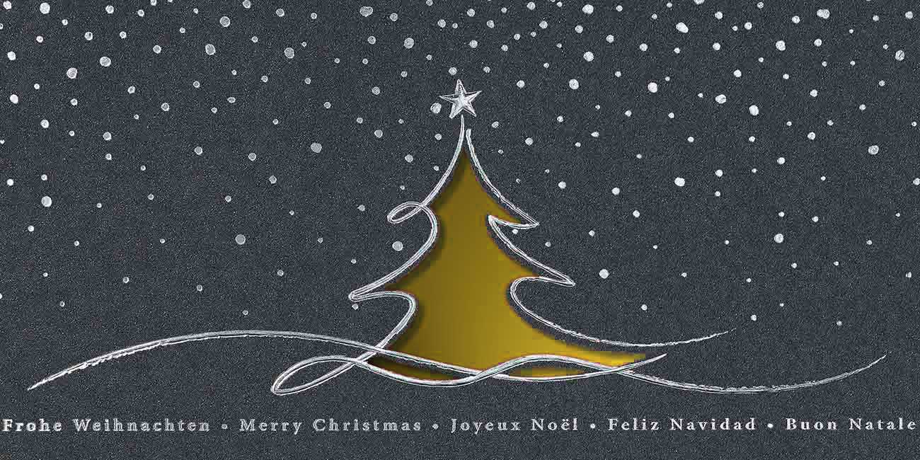 Internationale Weihnachtskarte mit Stanzung in anthrazit mit goldenem Falteinlegeblatt