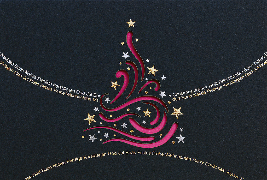 Weihnachtskarte nachtblau mit Weihnachtsbaum mit internationalen Grüßen - Einleger magenta