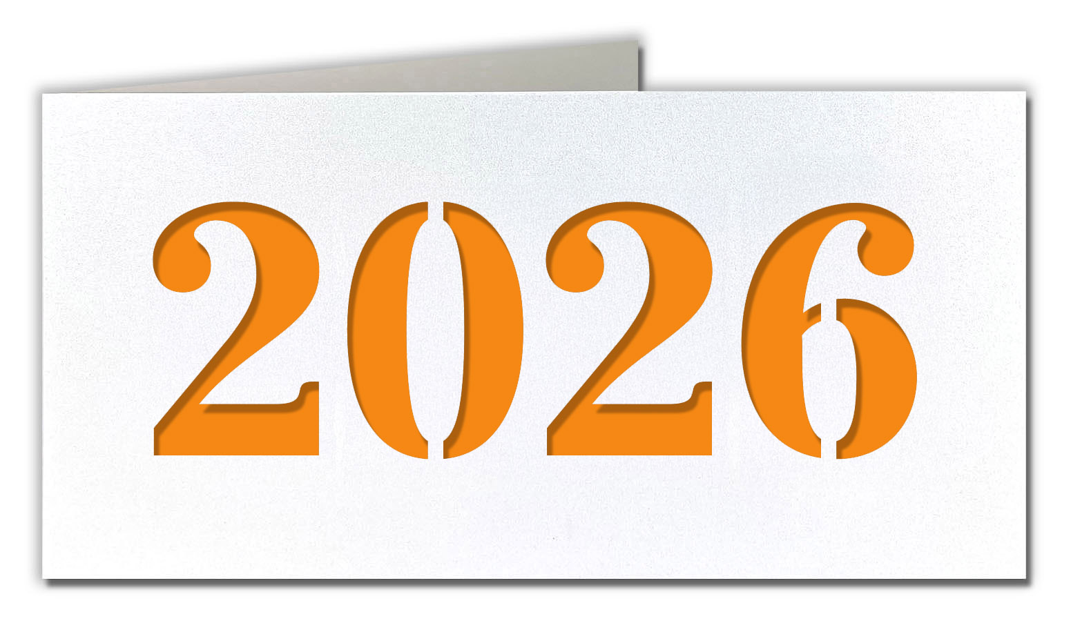 Weiße Neujahrskarte metallic mit gestanzter Jahreszahl 2026 und orangefarbenem Einlegeblatt