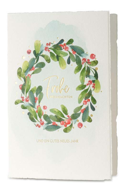 Büttenkarton Weihnachtskarte mit Aquarell-Motvdruck eines floralem Blätterkranz mit roten Beeren