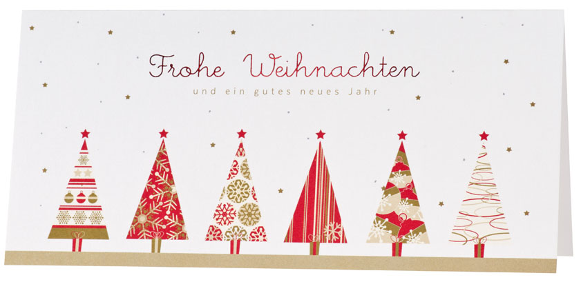 Weihnachtskarte mit sechs verschiedenen gemusterten Weihnachtsbäumen