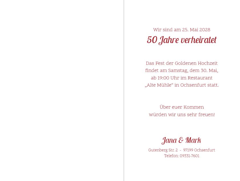 Einladungskarte zur Goldenen Hochzeit - 50 Jahre verheiratet in bordeaux-rot, mit Sektgläsern und Konturstanzung