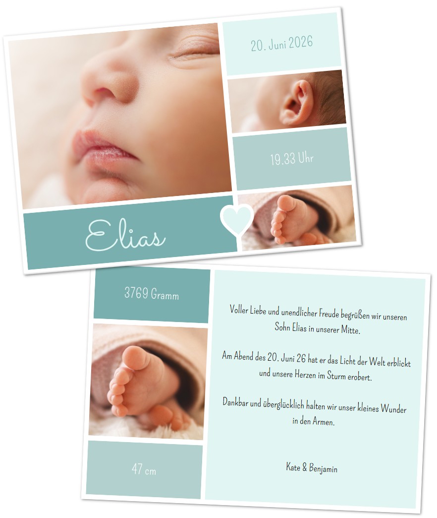 eukalyptus, pastell-türkis Personalisierbare Geburtskarte im modernen Steckbrief-Layout mit eigenen Fotos individuell zu gestalten