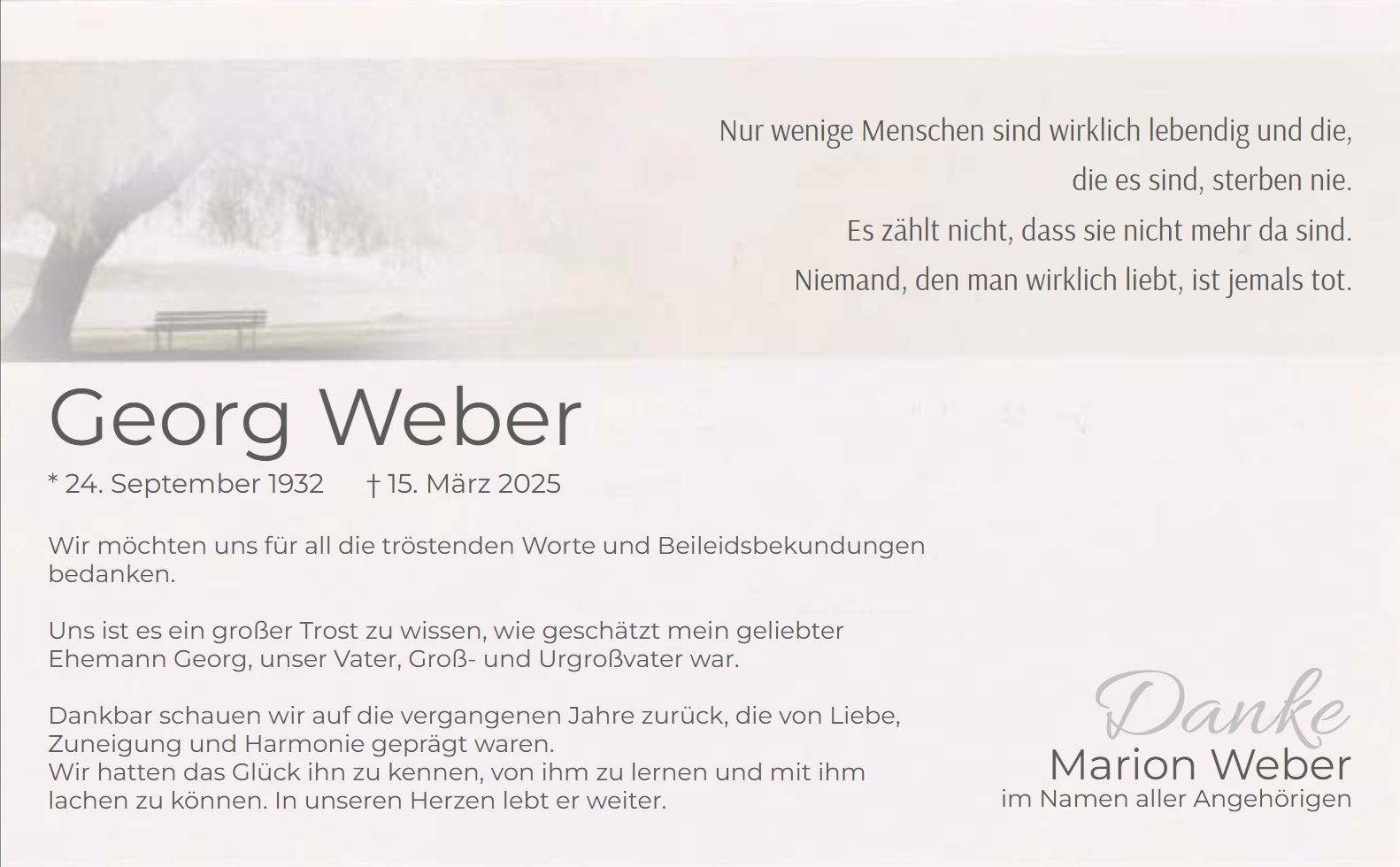 Cremeweiße Trauer-Danksagungskarte mit Trauerweide und Parkbank am See